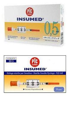 SIRINGA PER INSULINA PIC INSUMED 0,5 ML 100 UI AGO GAUGE 30 LUNGHEZZA 8 MM SENZA SPAZIO MORTO 3 SACCHETTI DA 10 PEZZI - farmavitality.it