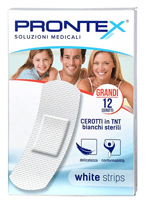 CEROTTO PRONTEX WHITE STRIPS IN TESSUTO NON TESSUTO BIANCO STERILE SCATOLA 12 CEROTTI GRANDI - farmavitality.it