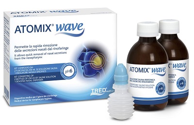 ATOMIX WAVE DISPOSITIVO PER IGIENE RINOFARINGEA ATOMIX SOLUZIONE SALINA 250 ML 2 PEZZI + TERMINALE NASALE + EROGATORE A SOFFIETTO - farmavitality.it