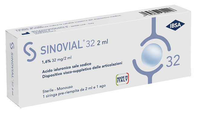 SIRINGA INTRA-ARTICOLARE SINOVIAL 32 ACIDO IALURONICO 1,6% 32 MG/2 ML 1 FS + AGO GAUGE 21 1 PEZZO - farmavitality.it