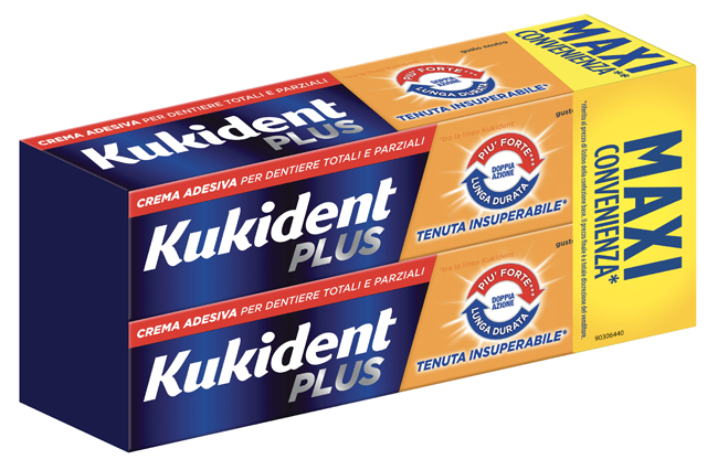 KUKIDENT PLUS DOPPIA AZIONE TENUTA INSUPERABILE CREMA ADESIVA DENTIERE 2X65 G - farmavitality.it
